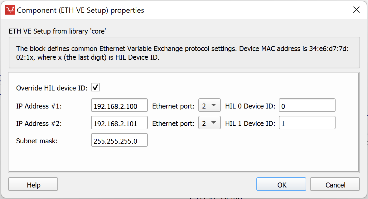 ETH VE Setup properties