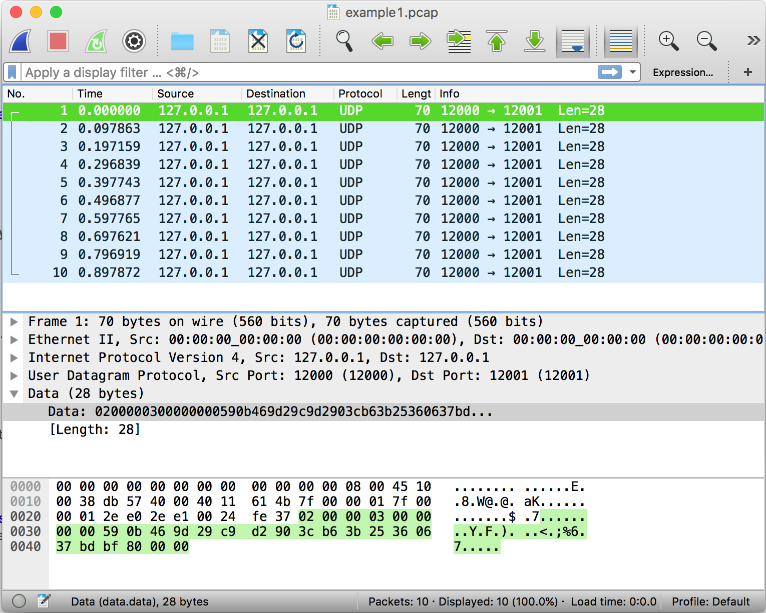 Wireshark capture of UDP traffic
